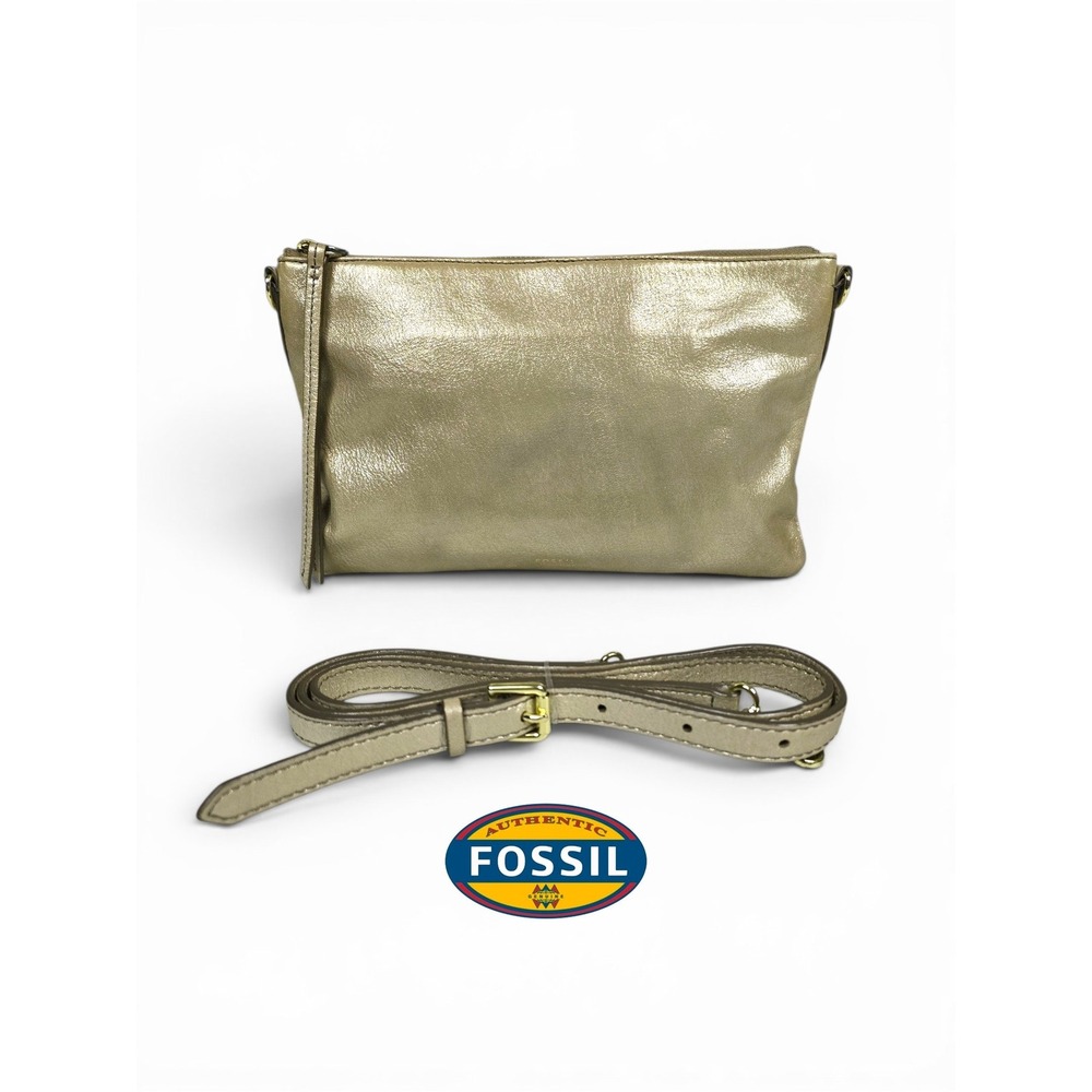 Fossil Metallic Champagne Gold Leather Crossbody Bag Clutch Gold Hardware EUC